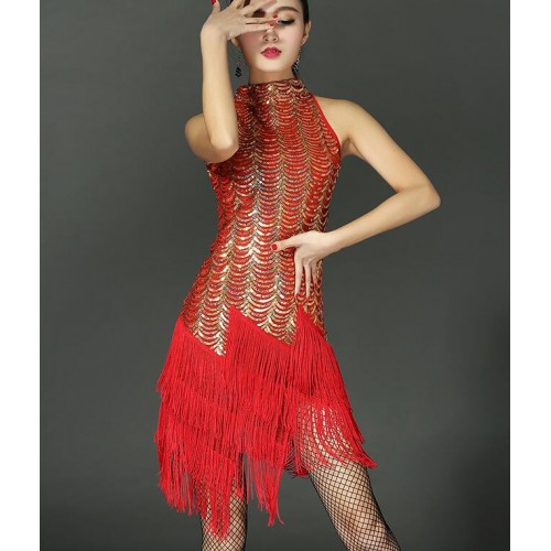 Fringes Latin Dance Dress Women sequins red gold blue Roupa Feminina Ballroom/Cha Cha/Rumba/Samba/Latin Dresses For Dancing